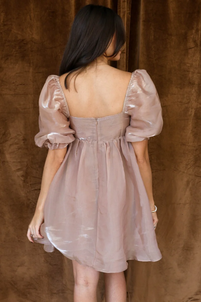 Alana Taupe Gold Shimmer Short Puff Sleeve Mini Dress - Image 8