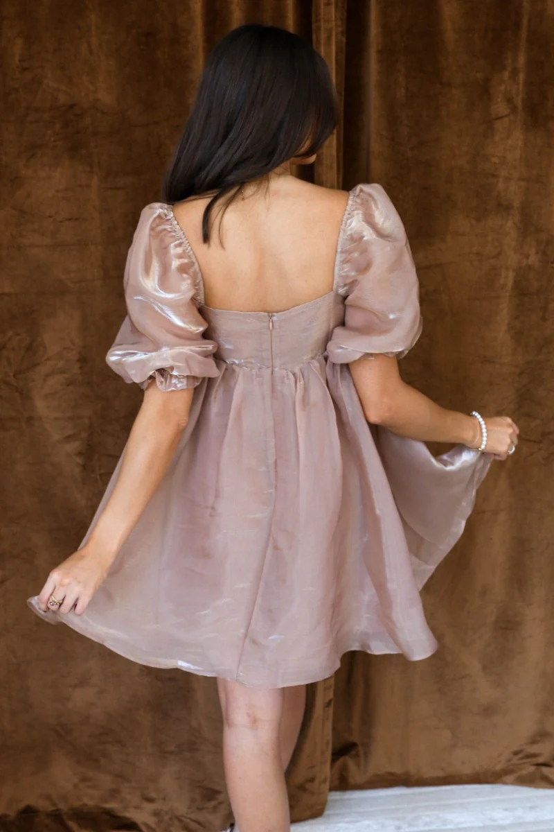 Alana Taupe Gold Shimmer Short Puff Sleeve Mini Dress - Image 9