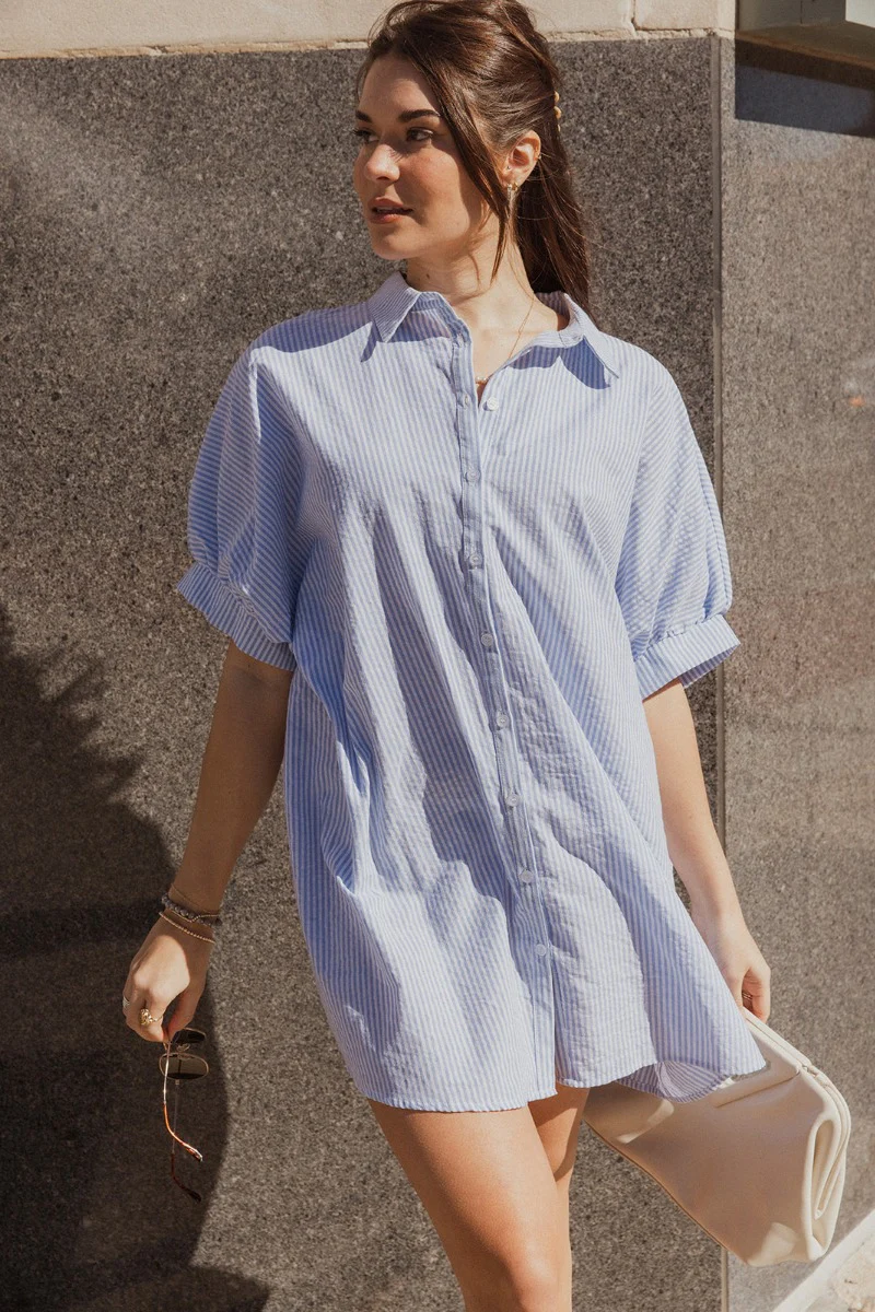 Alanna Blue & White Striped Button Front Dress