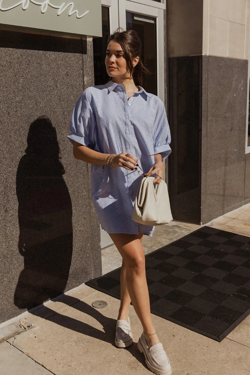 Alanna Blue & White Striped Button Front Dress - Image 2
