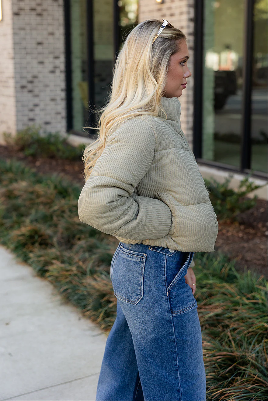Alanna Light Olive Ribbed Puffer Jacket - Image 3