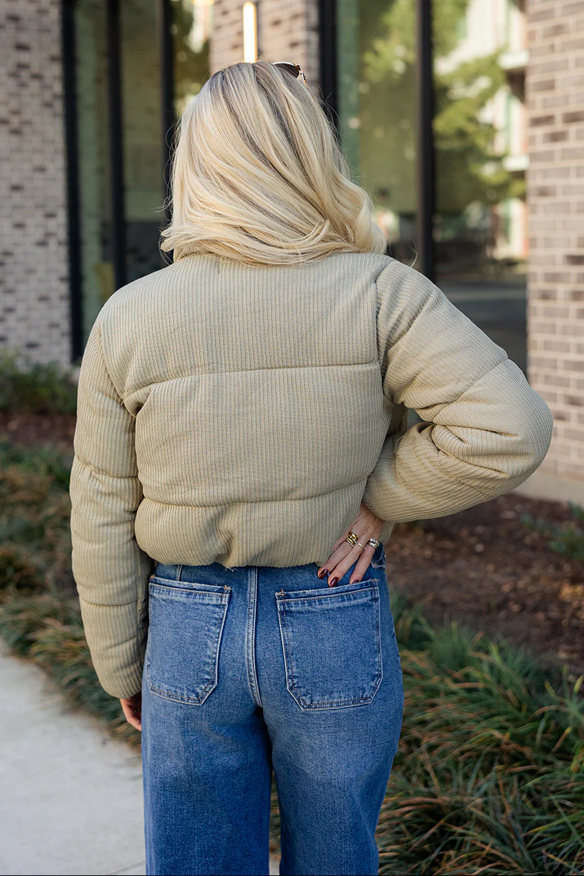 Alanna Light Olive Ribbed Puffer Jacket - Image 4