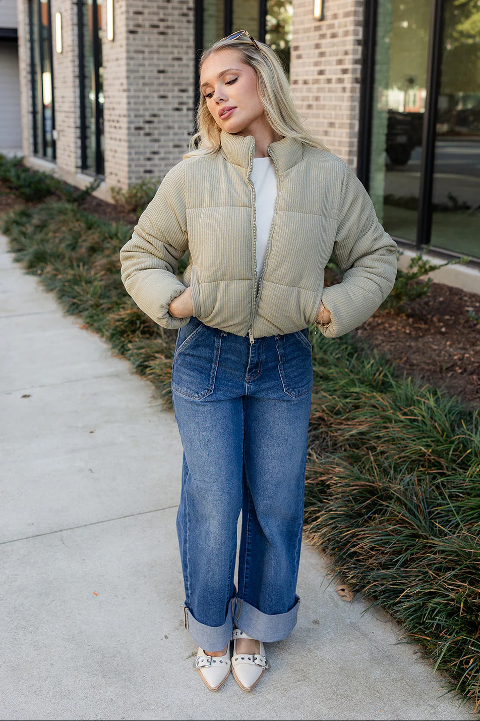 Alanna Light Olive Ribbed Puffer Jacket - Image 5