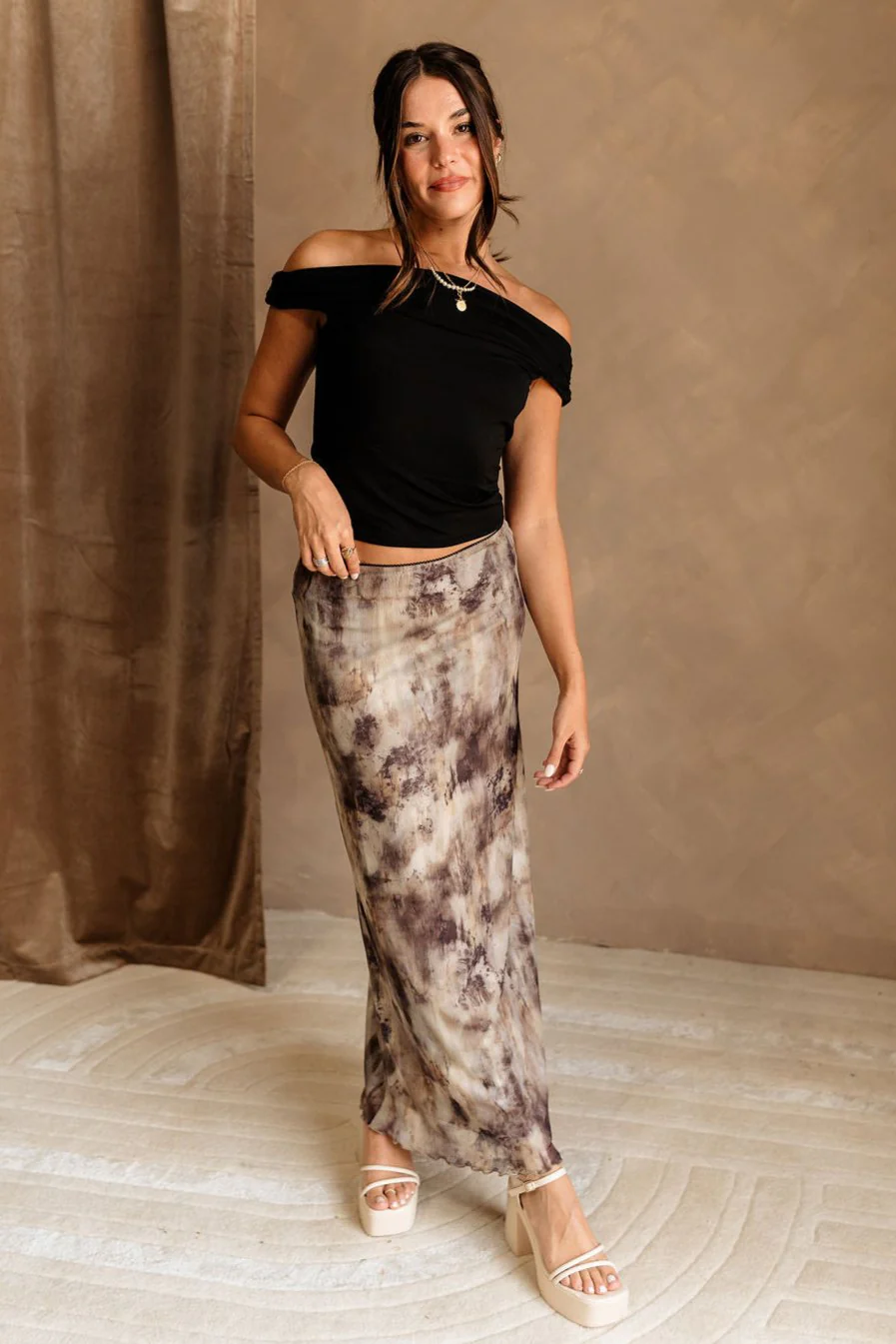 Alara Brown & Olive Mesh Maxi Skirt