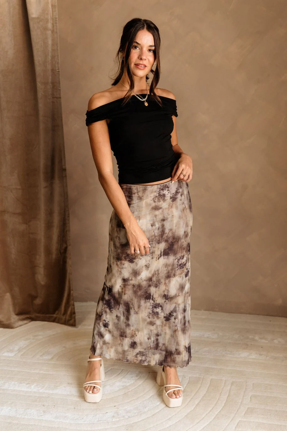 Alara Brown & Olive Mesh Maxi Skirt - Image 5