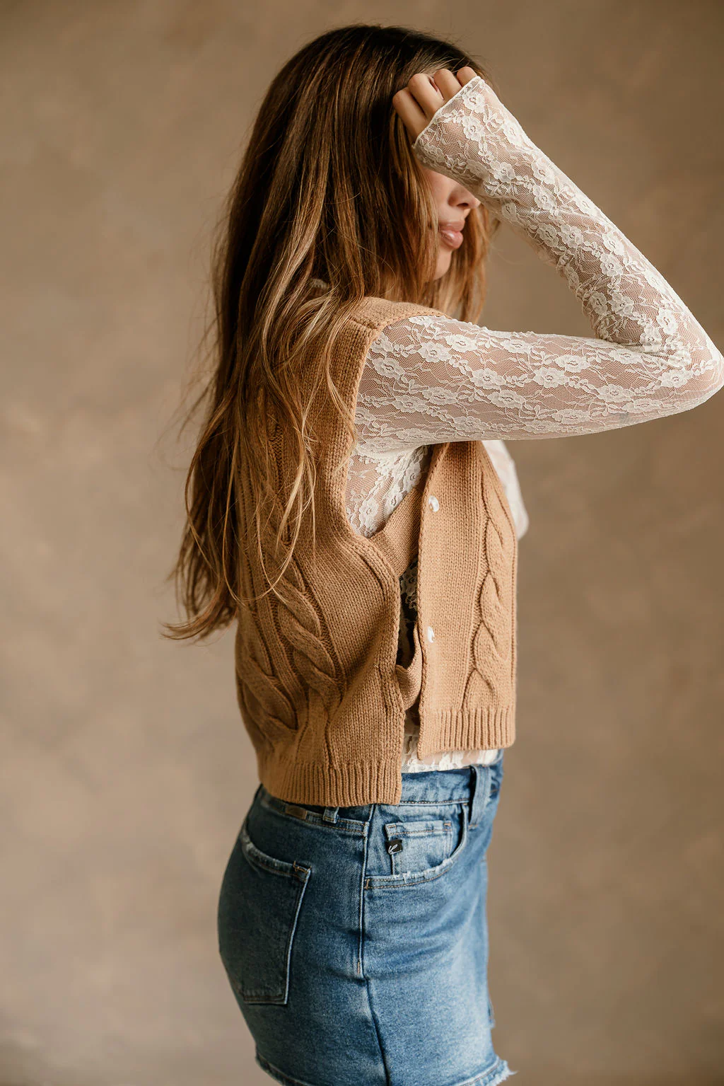Aleah Camel Cable Knit Button Vest - Image 2