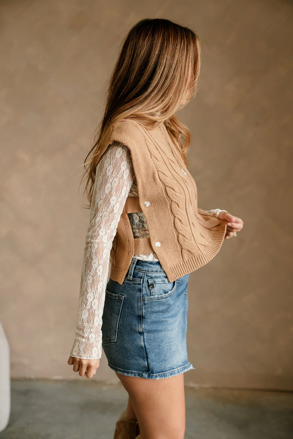 Aleah Camel Cable Knit Button Vest - Image 6