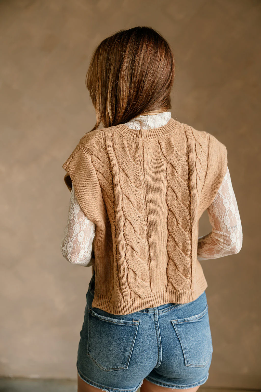 Aleah Camel Cable Knit Button Vest - Image 8