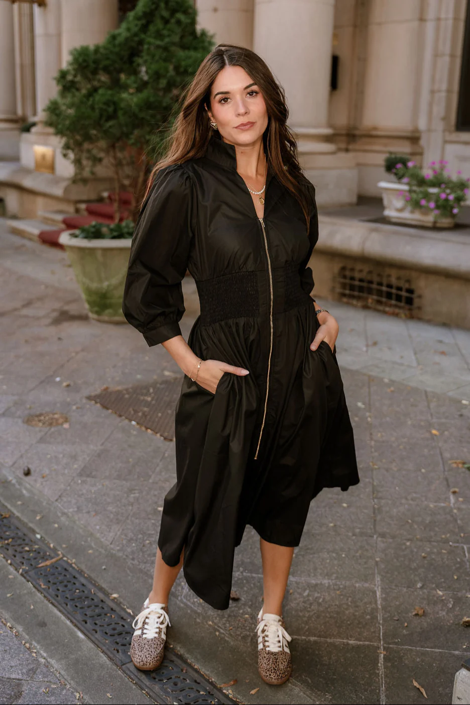 Aleena Black & Gold Zip-Up Midi Dress