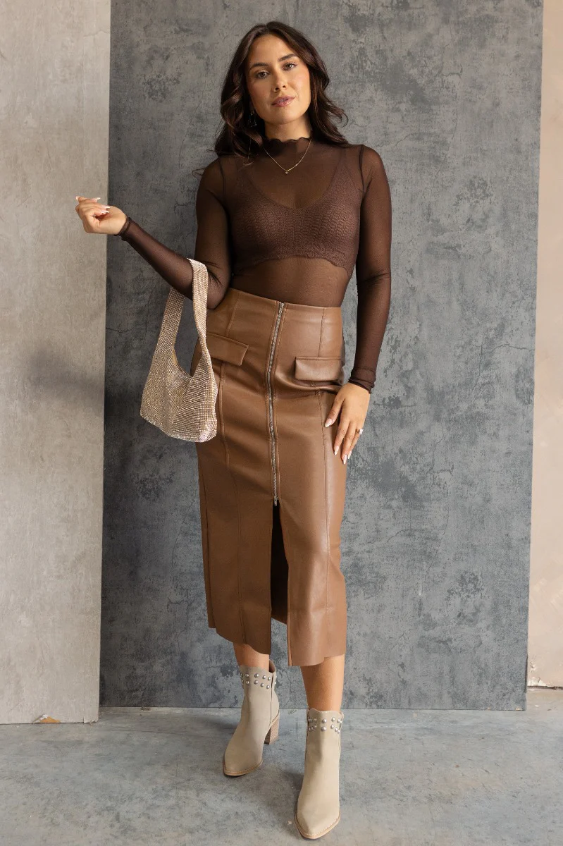 Alessia Brown Mesh Long Sleeve Bodysuit - Image 2