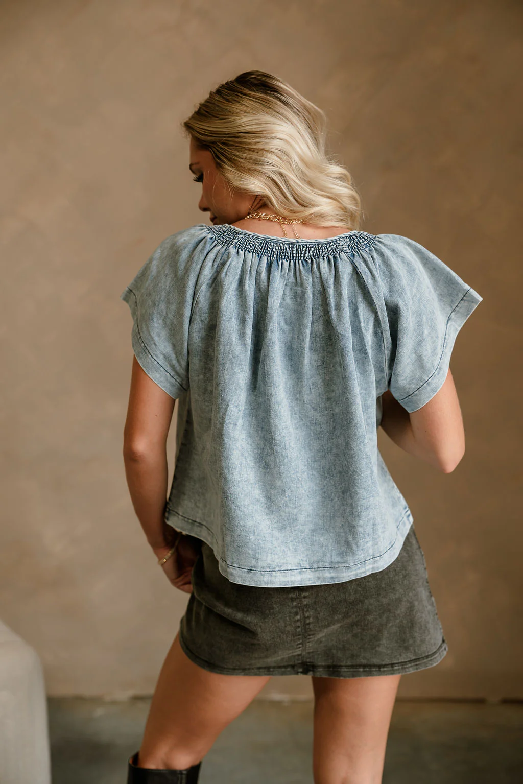 Alexa Washed Denim Short Sleeve Top - Image 4