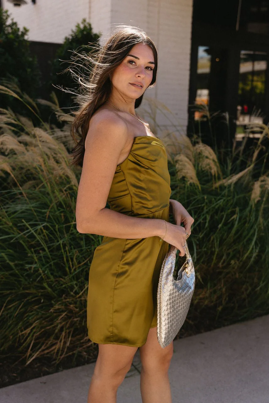 Alexia Olive Satin Strapless Mini Dress - Image 3