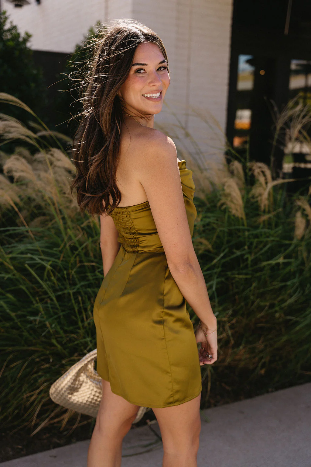 Alexia Olive Satin Strapless Mini Dress - Image 6