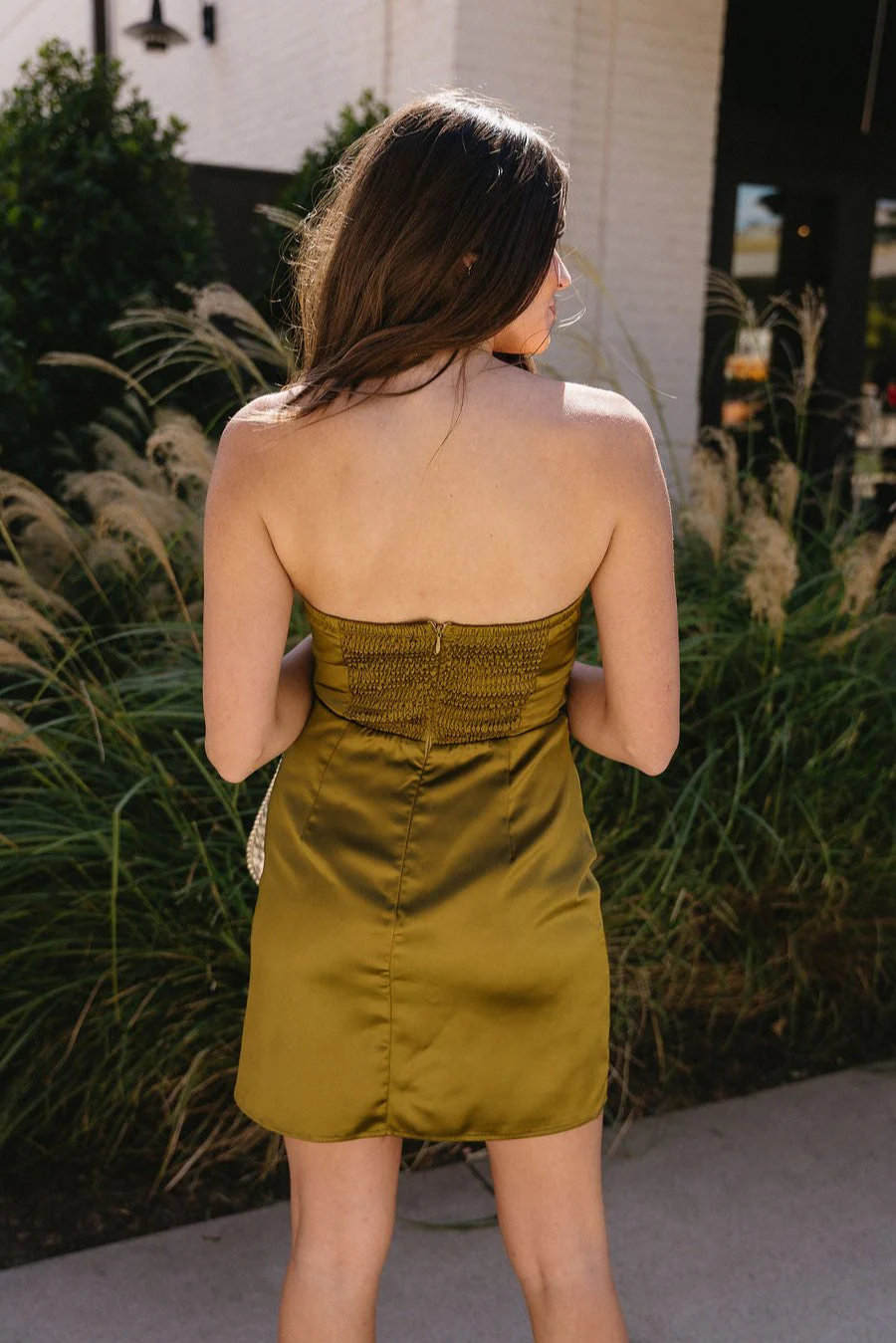 Alexia Olive Satin Strapless Mini Dress - Image 7