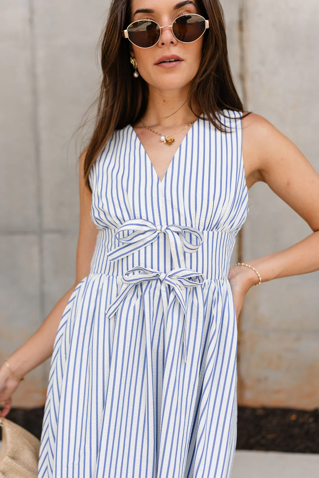 Aliana Blue & White Stripe Midi Dress - Image 2