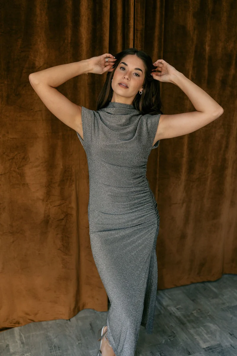 Alianna Silver Shimmer Cowl Neck Midi Dress - Image 3