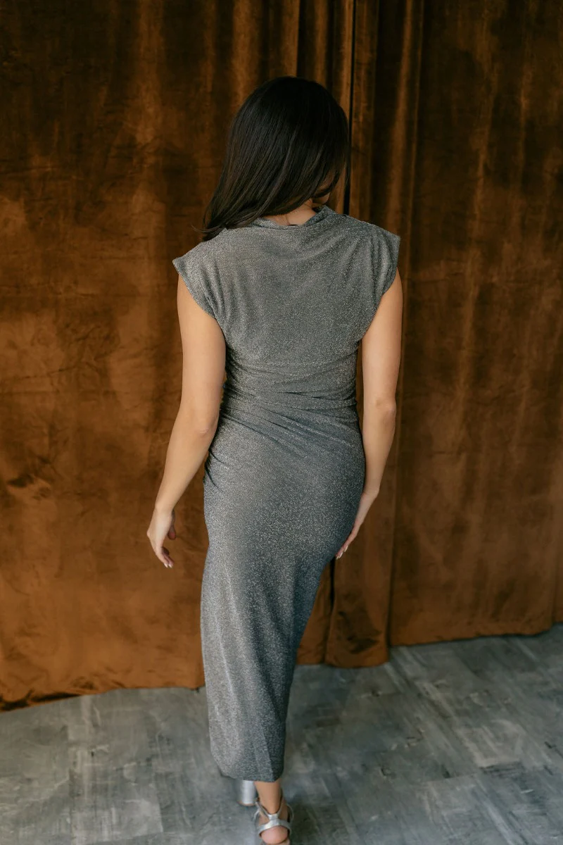 Alianna Silver Shimmer Cowl Neck Midi Dress - Image 7
