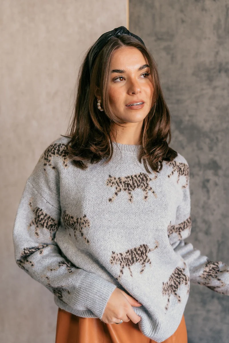 Alice Grey & Brown Leopard Long Sleeve Sweater - Image 3