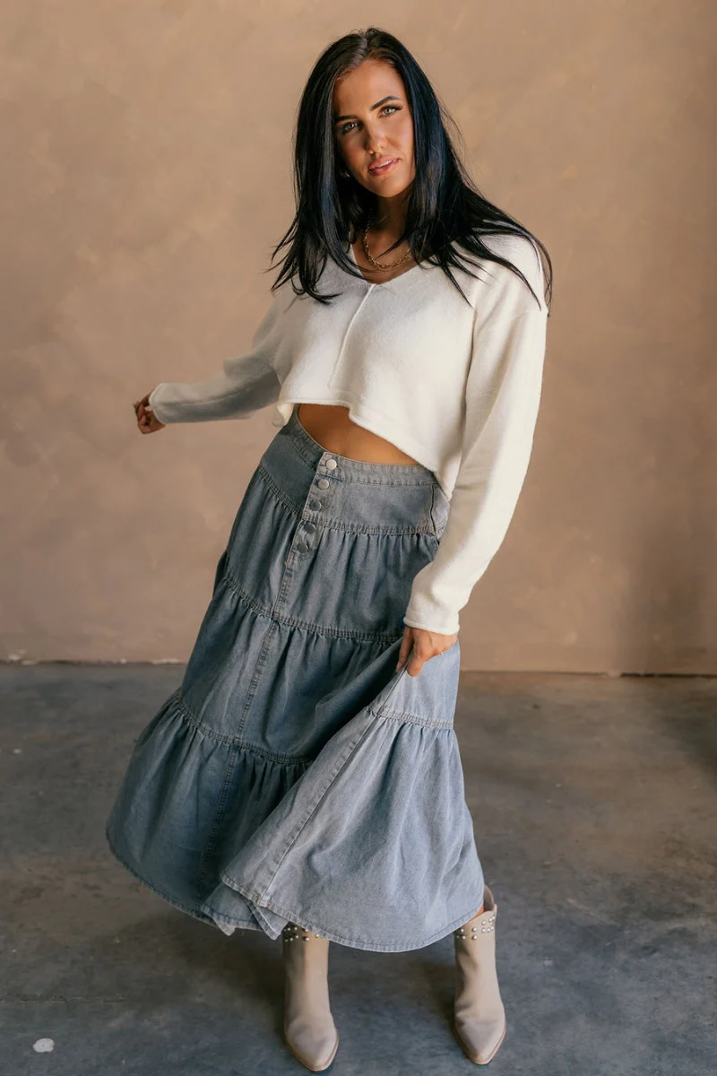 Alice Light Denim Tiered Midi Skirt
