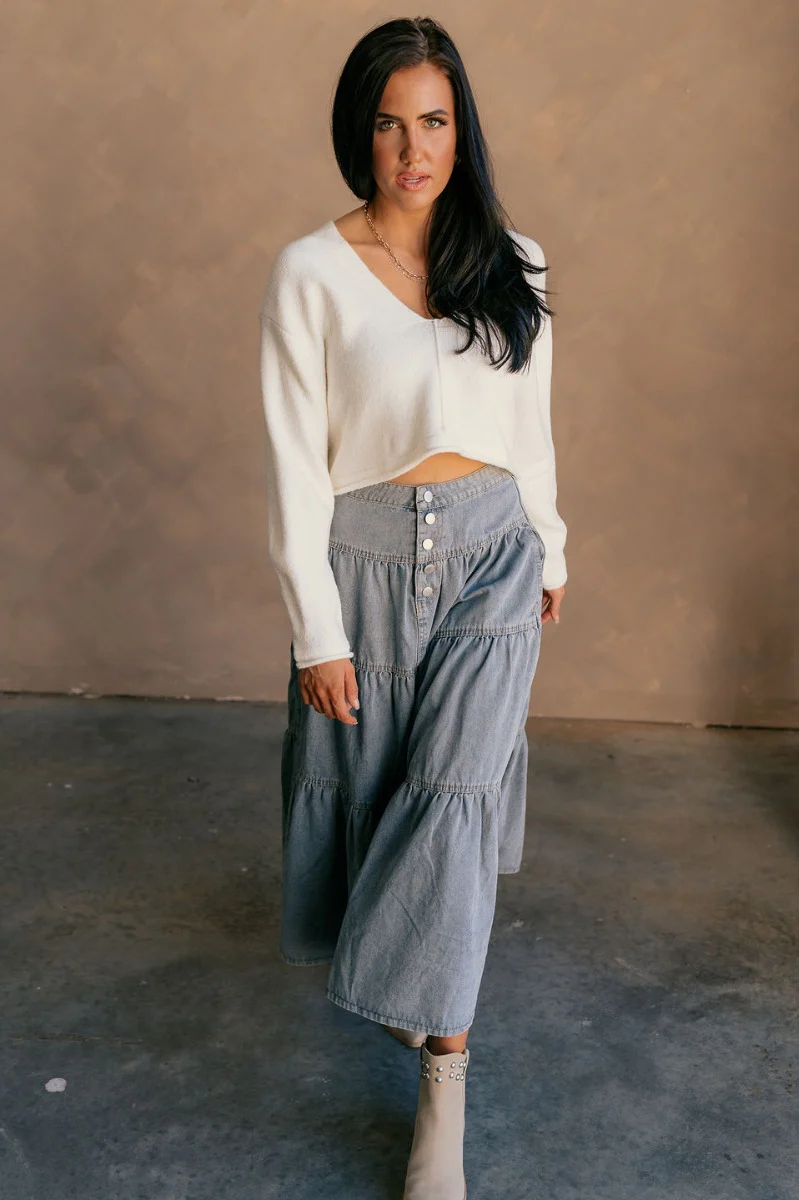 Alice Light Denim Tiered Midi Skirt - Image 2