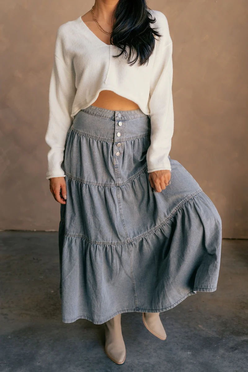 Alice Light Denim Tiered Midi Skirt - Image 3