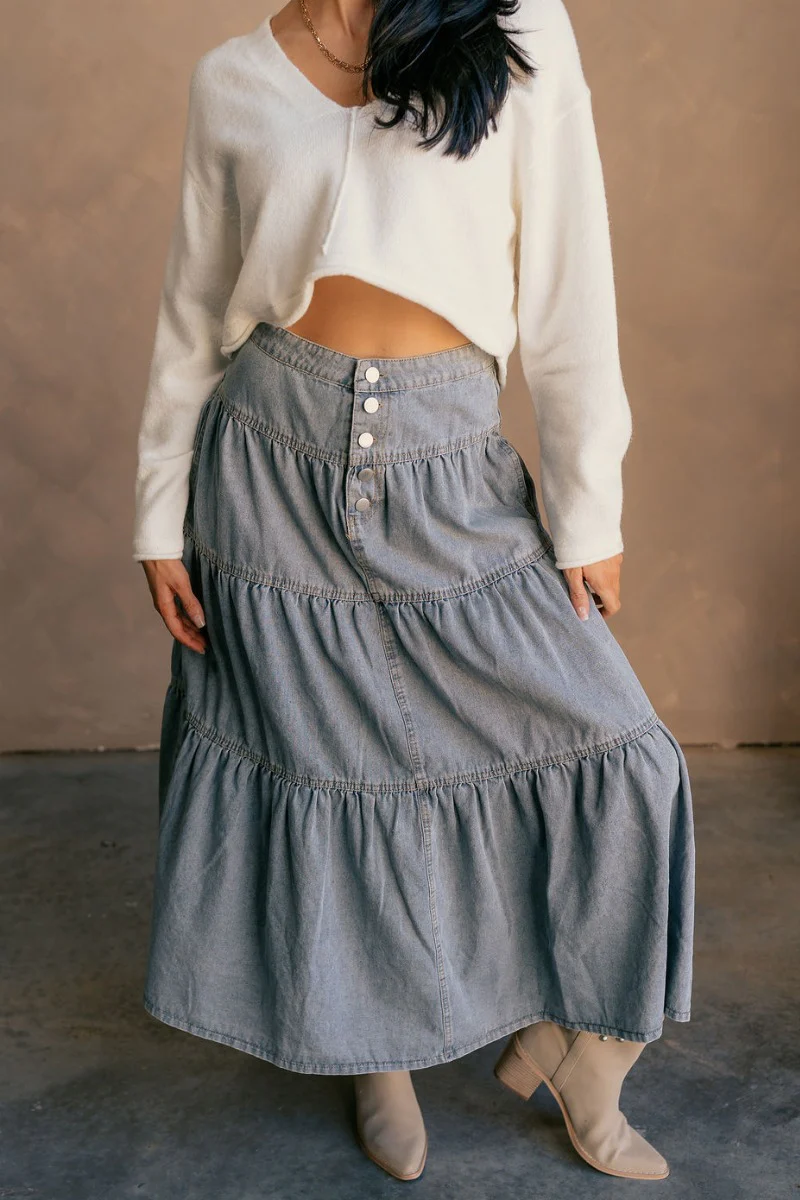 Alice Light Denim Tiered Midi Skirt - Image 4