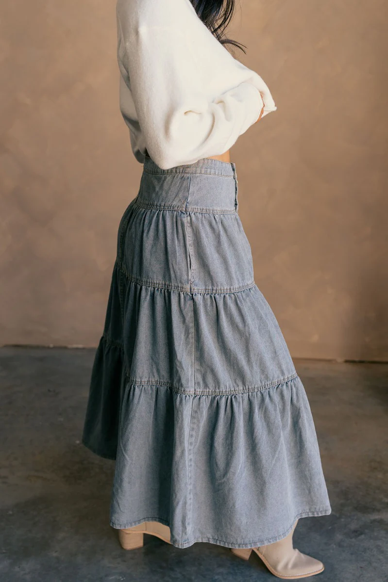 Alice Light Denim Tiered Midi Skirt - Image 5