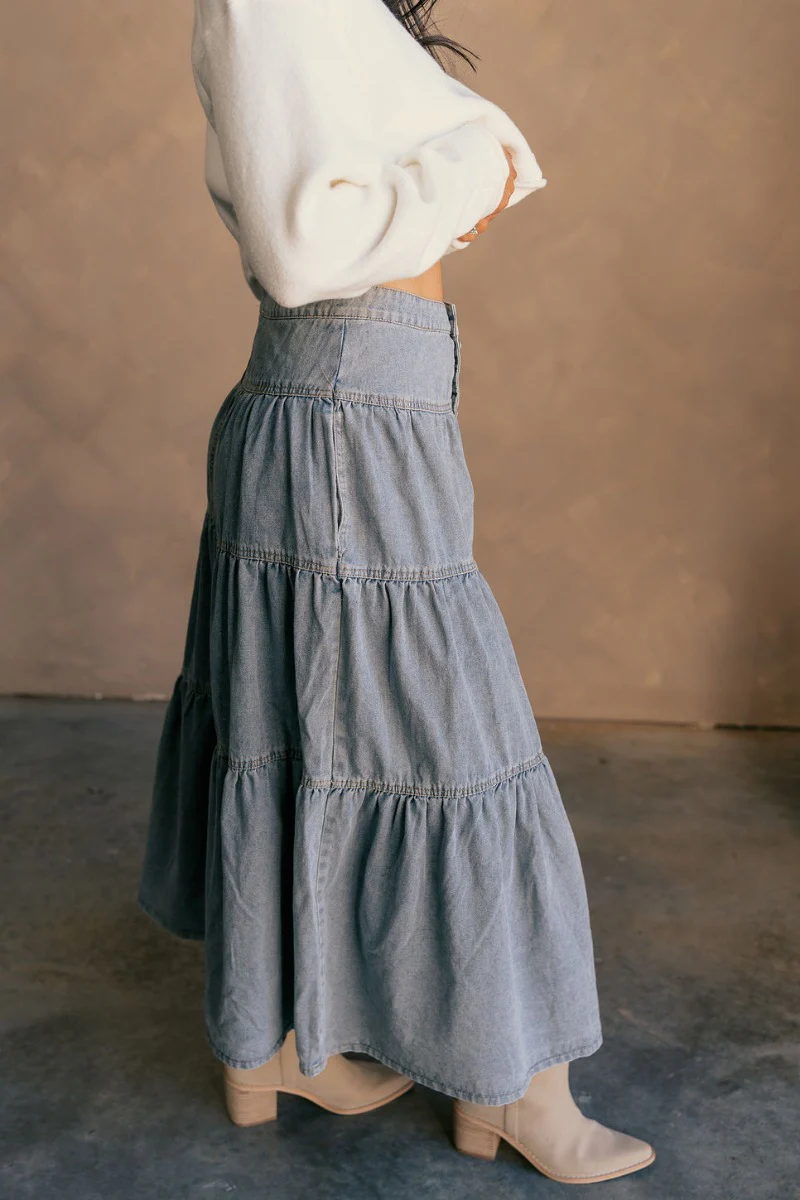 Alice Light Denim Tiered Midi Skirt - Image 6