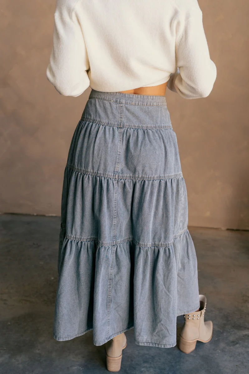 Alice Light Denim Tiered Midi Skirt - Image 7