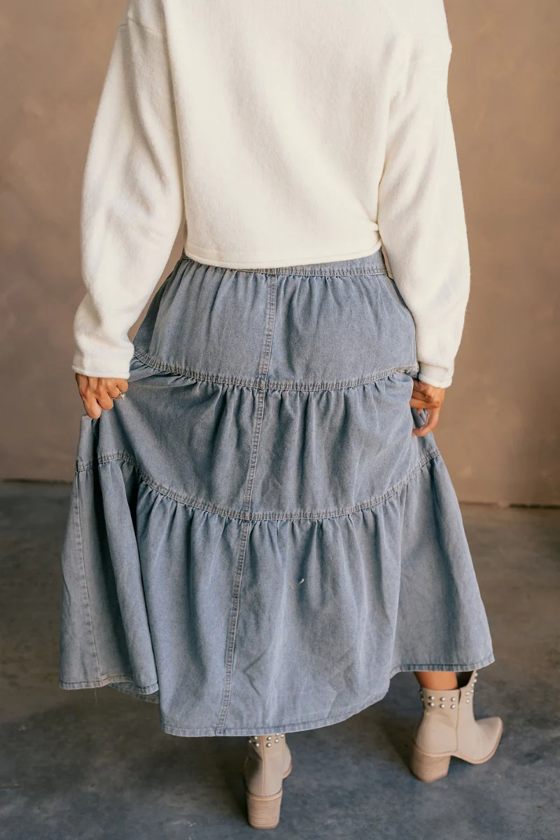 Alice Light Denim Tiered Midi Skirt - Image 8