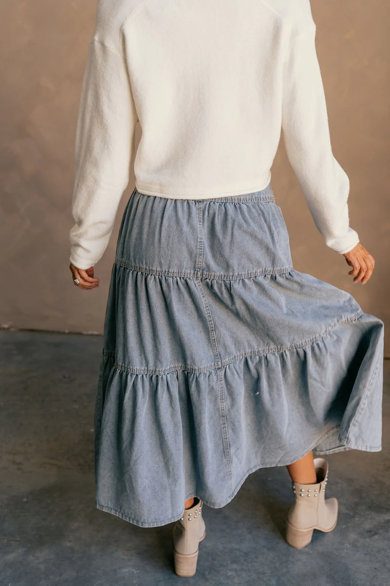 Alice Light Denim Tiered Midi Skirt - Image 9