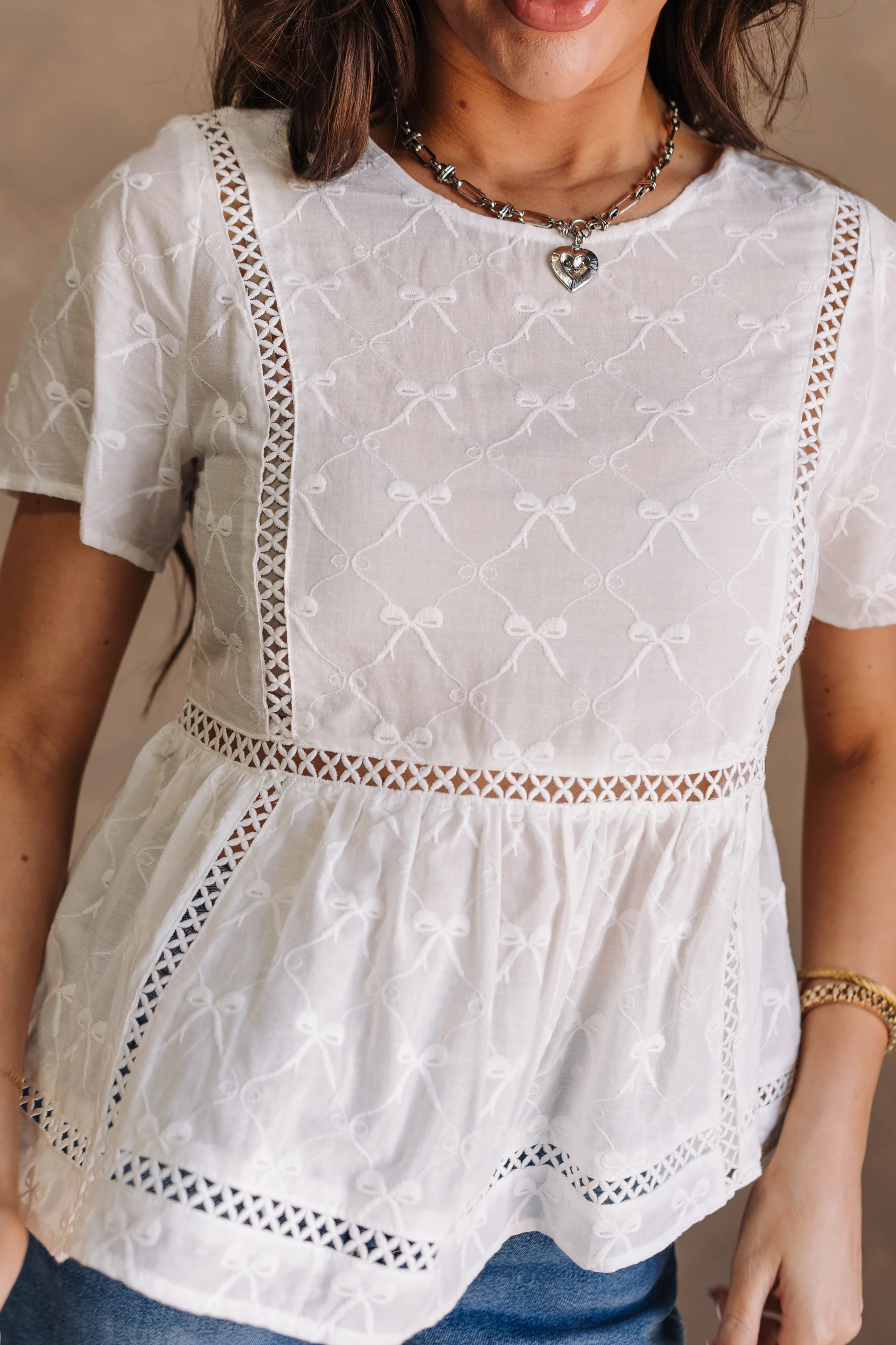 Alina White Bows Peplum Short Sleeve Top