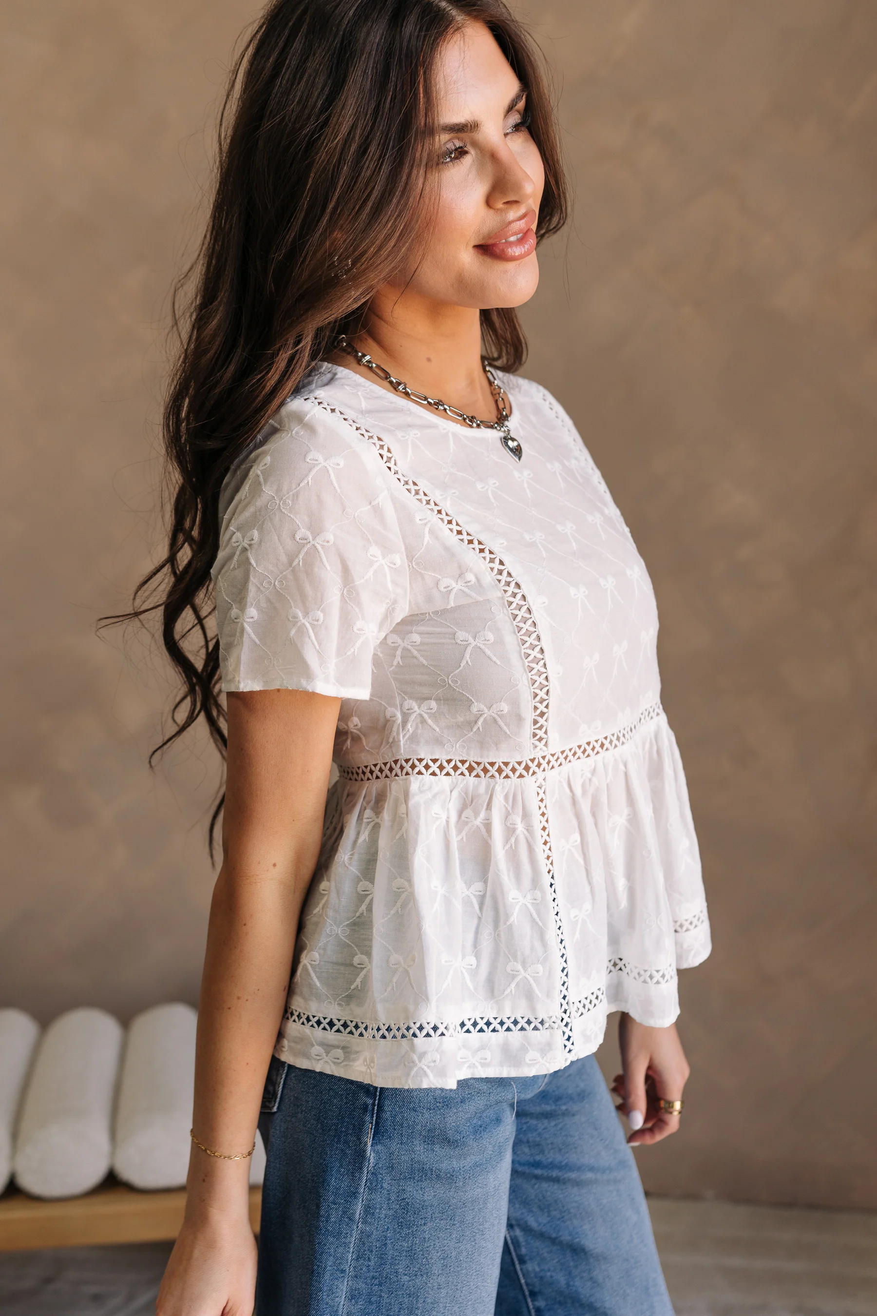 Alina White Bows Peplum Short Sleeve Top - Image 3
