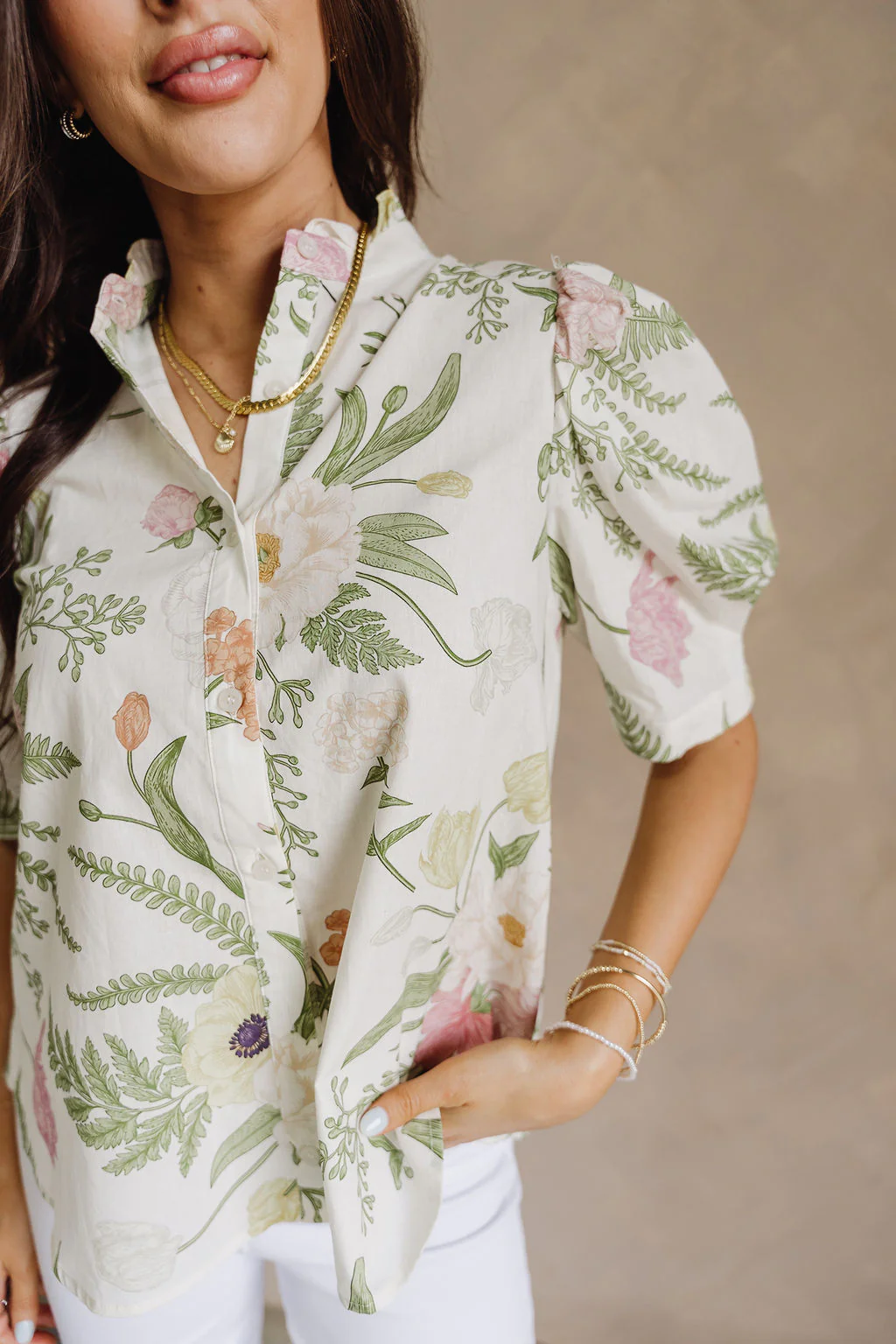 Alison Cream Multi Floral Short Puff Sleeves Top - Image 2