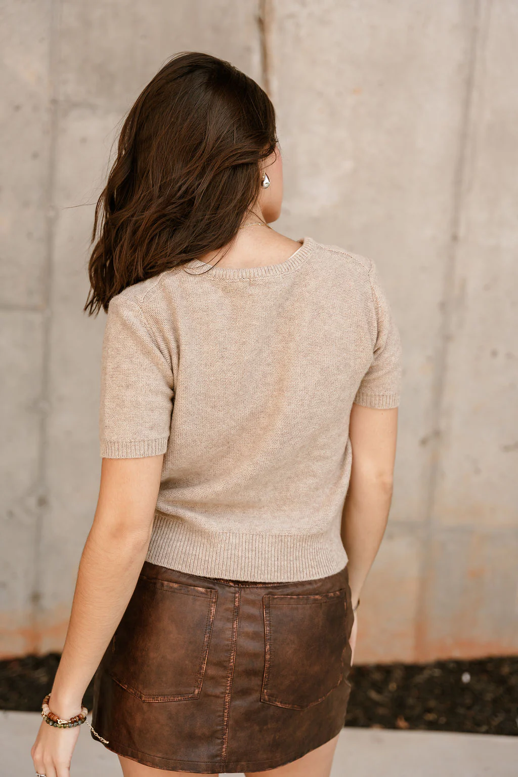 Aliya Taupe Knit Short Sleeve Sweater - Image 9