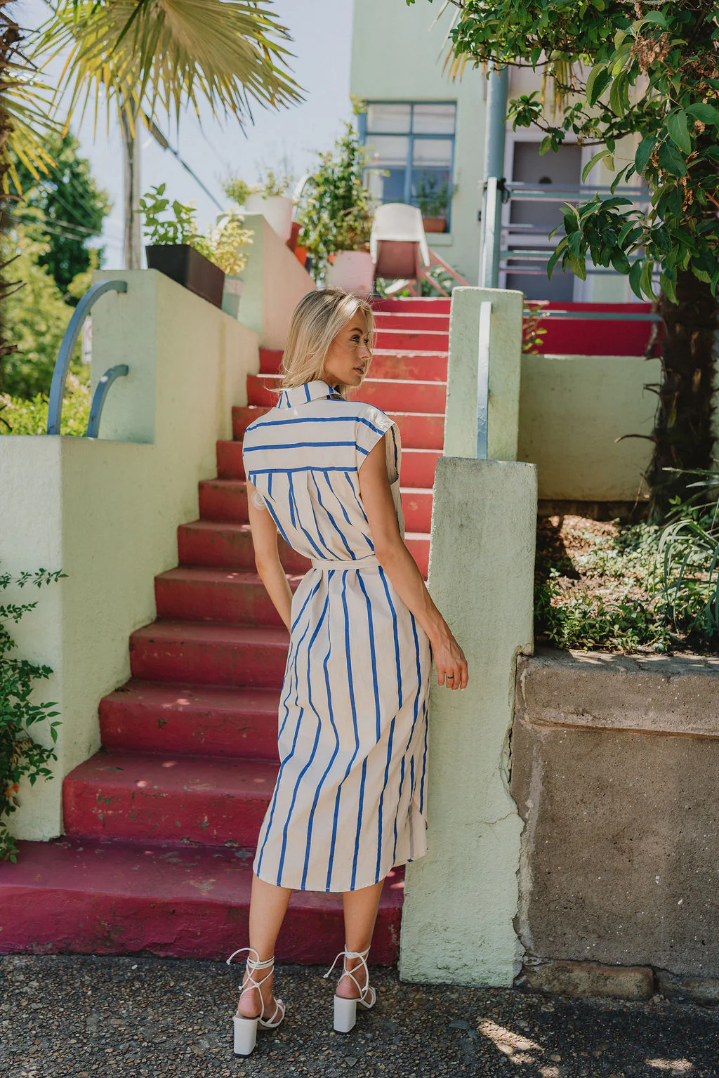 Allison Cream and Blue Striped Midi Dress - Image 5