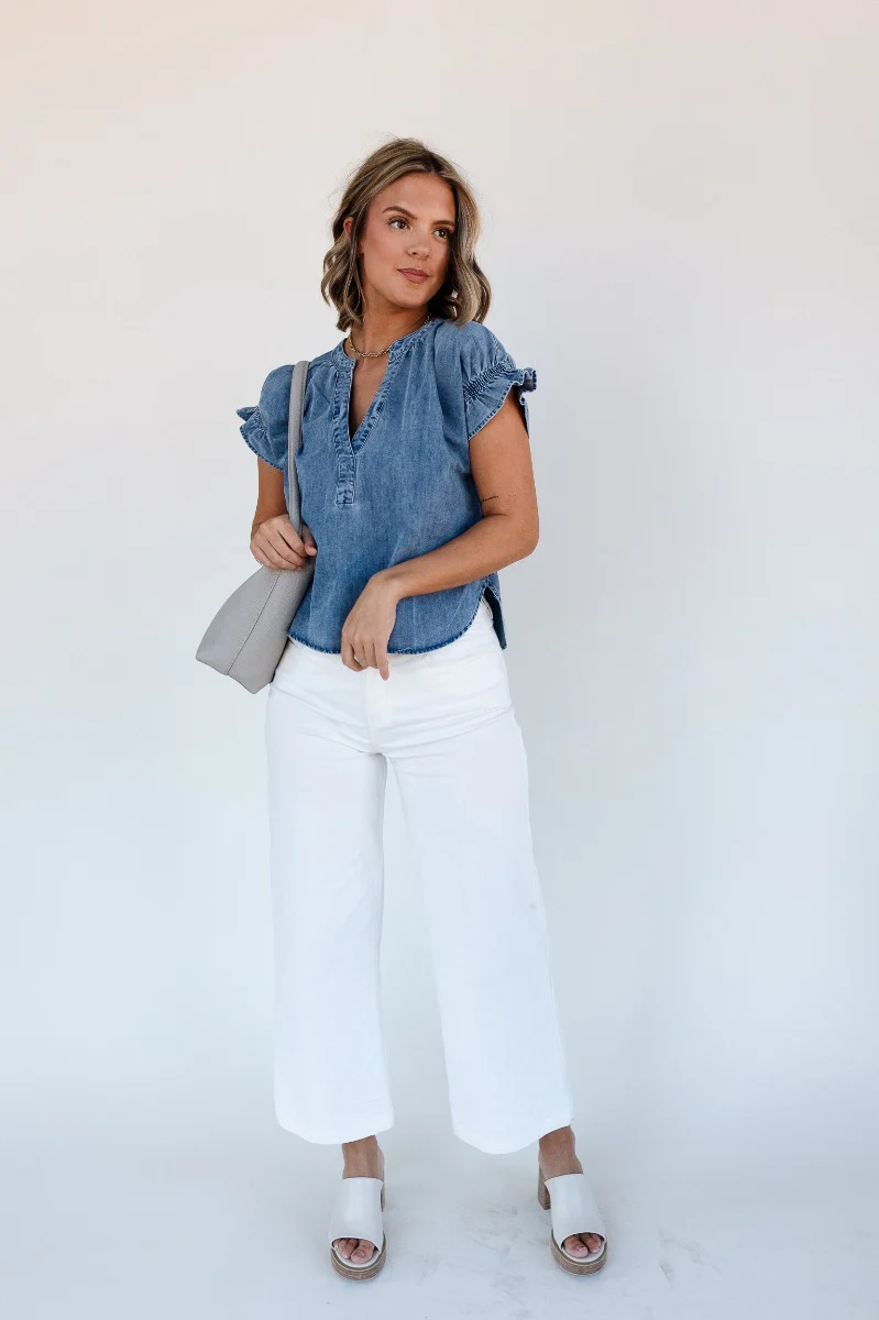 Allison Washed Denim Ruffle Short Sleeve Top
