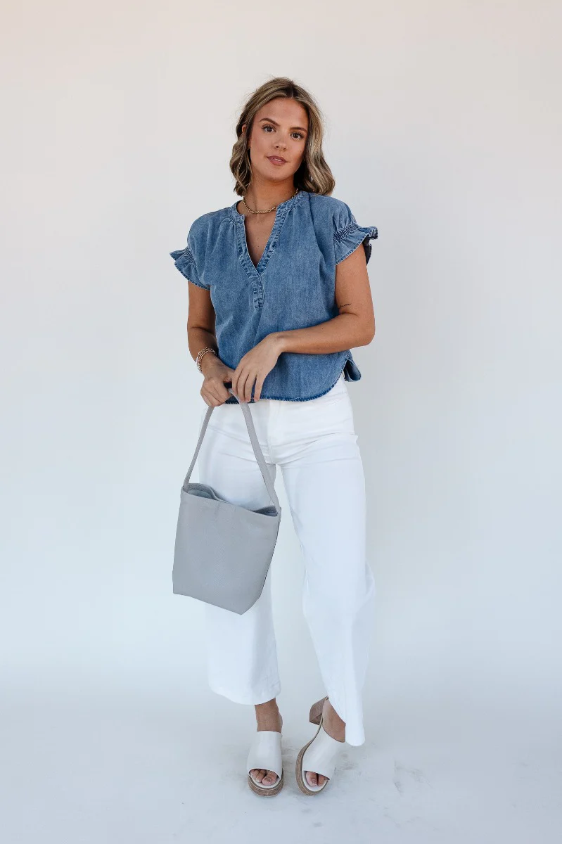 Allison Washed Denim Ruffle Short Sleeve Top - Image 2
