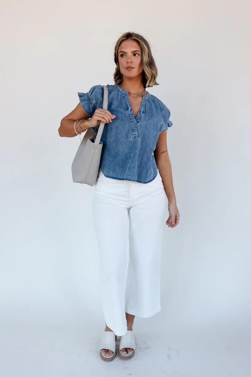 Allison Washed Denim Ruffle Short Sleeve Top - Image 3