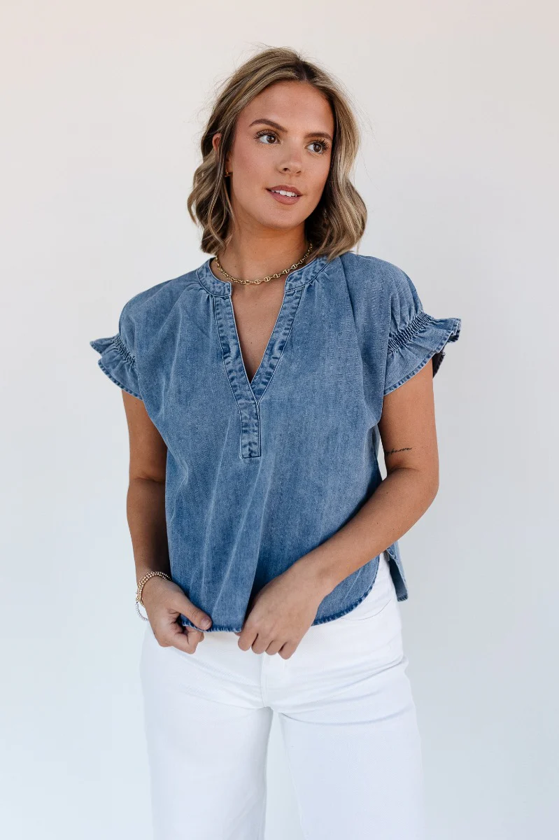 Allison Washed Denim Ruffle Short Sleeve Top - Image 4
