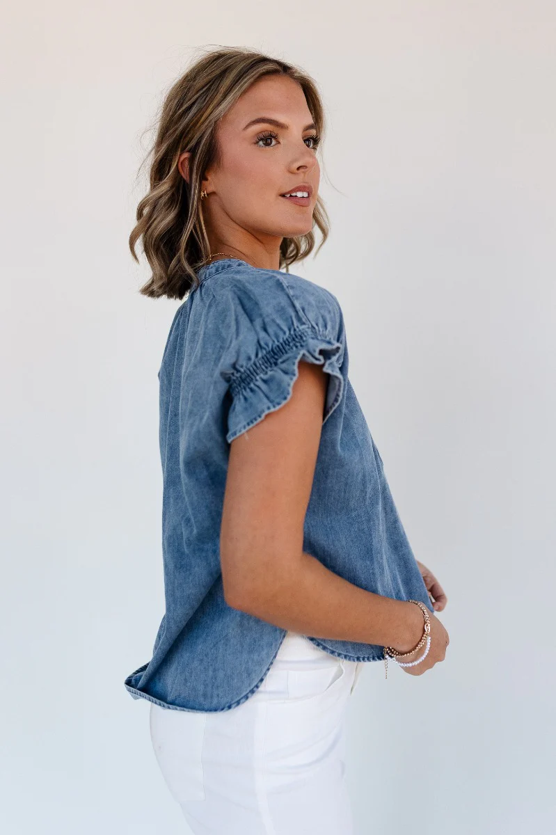 Allison Washed Denim Ruffle Short Sleeve Top - Image 5