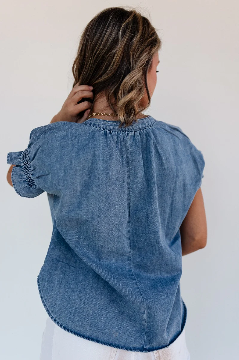 Allison Washed Denim Ruffle Short Sleeve Top - Image 6