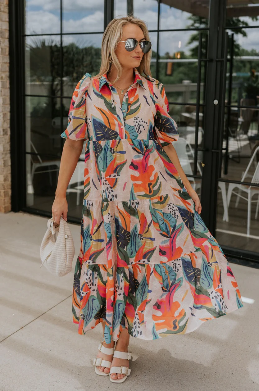 Alora Multi Palm Floral Midi Dress