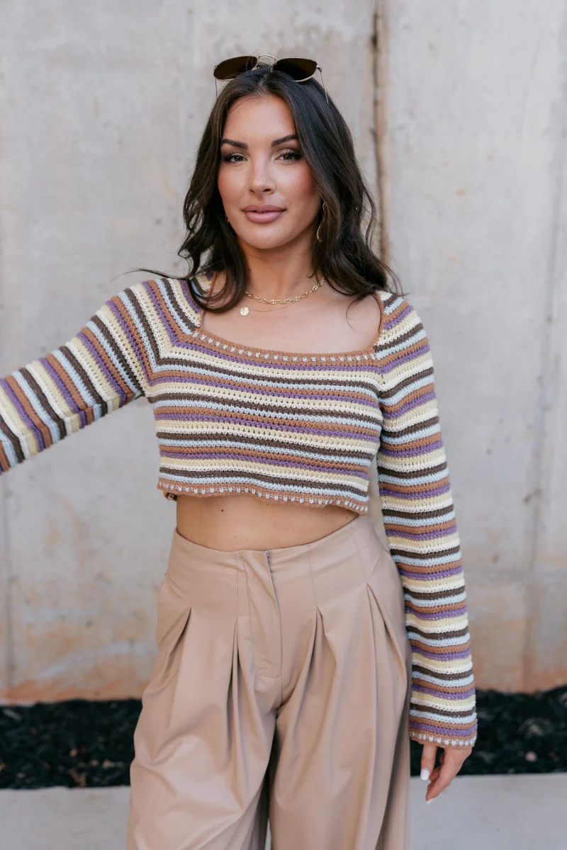 Alora Striped Crochet Cropped Sweater - Image 3