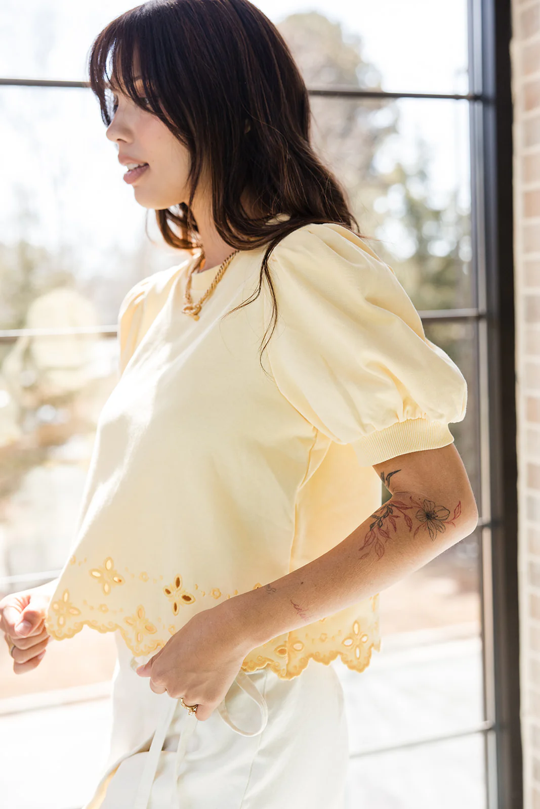 Alora Yellow Eyelet Short Puff Sleeve Top