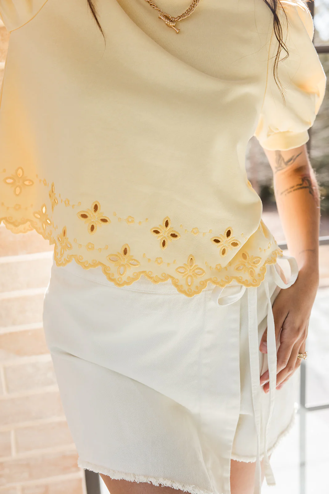 Alora Yellow Eyelet Short Puff Sleeve Top - Image 3