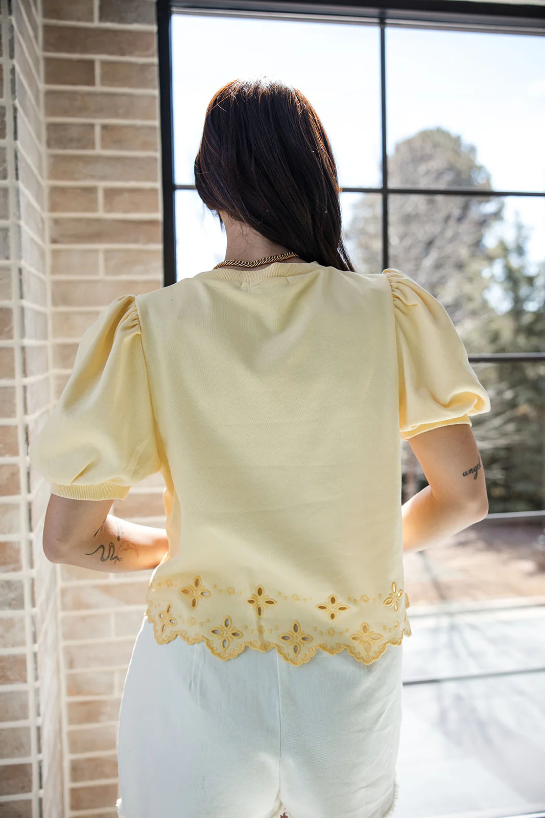 Alora Yellow Eyelet Short Puff Sleeve Top - Image 4
