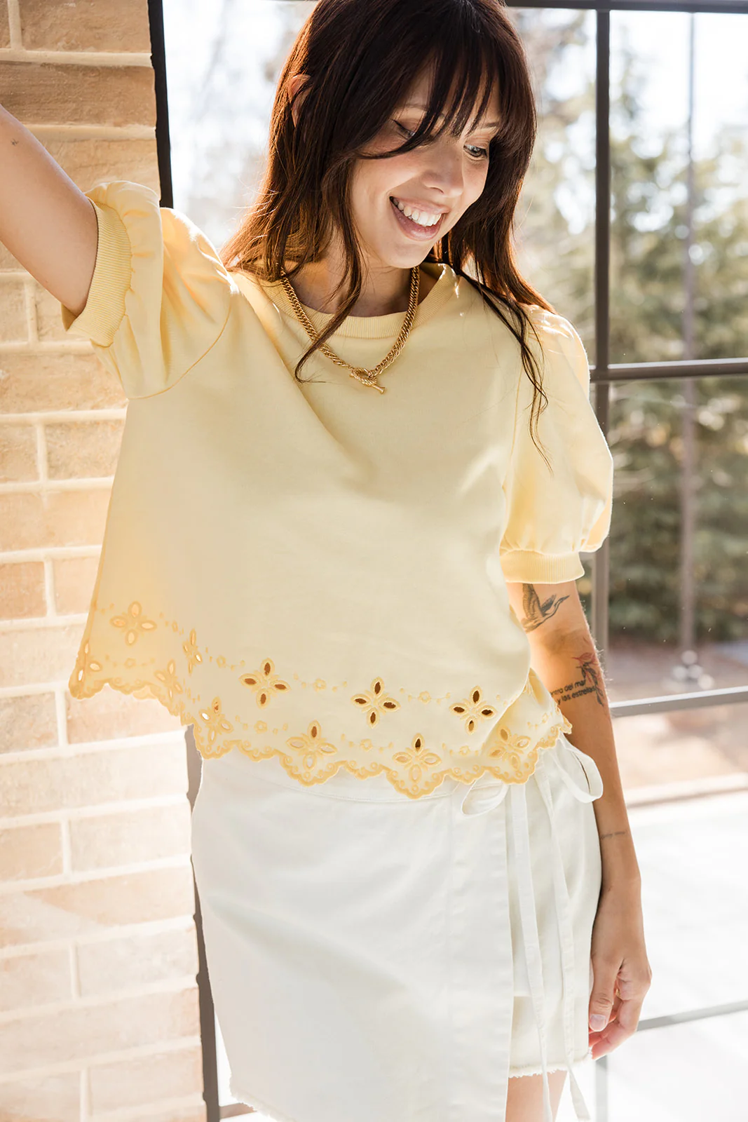 Alora Yellow Eyelet Short Puff Sleeve Top - Image 5