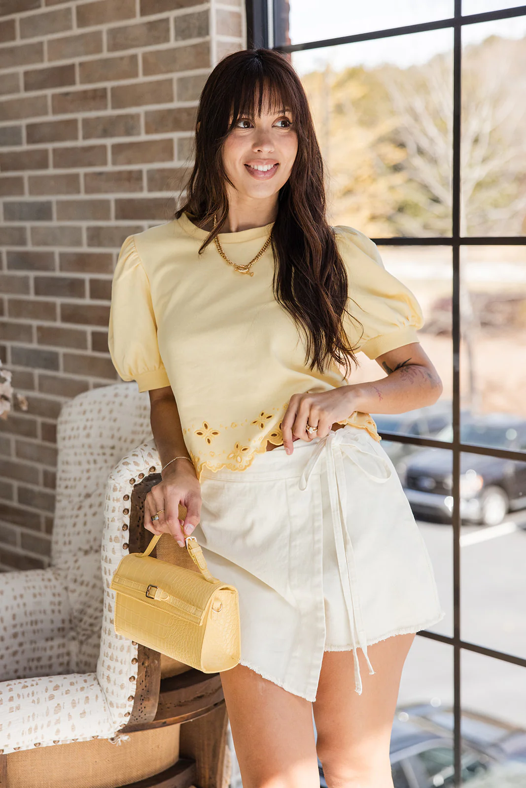 Alora Yellow Eyelet Short Puff Sleeve Top - Image 6