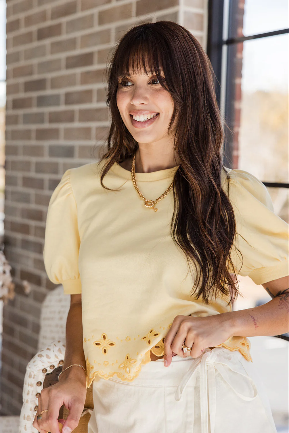 Alora Yellow Eyelet Short Puff Sleeve Top - Image 8